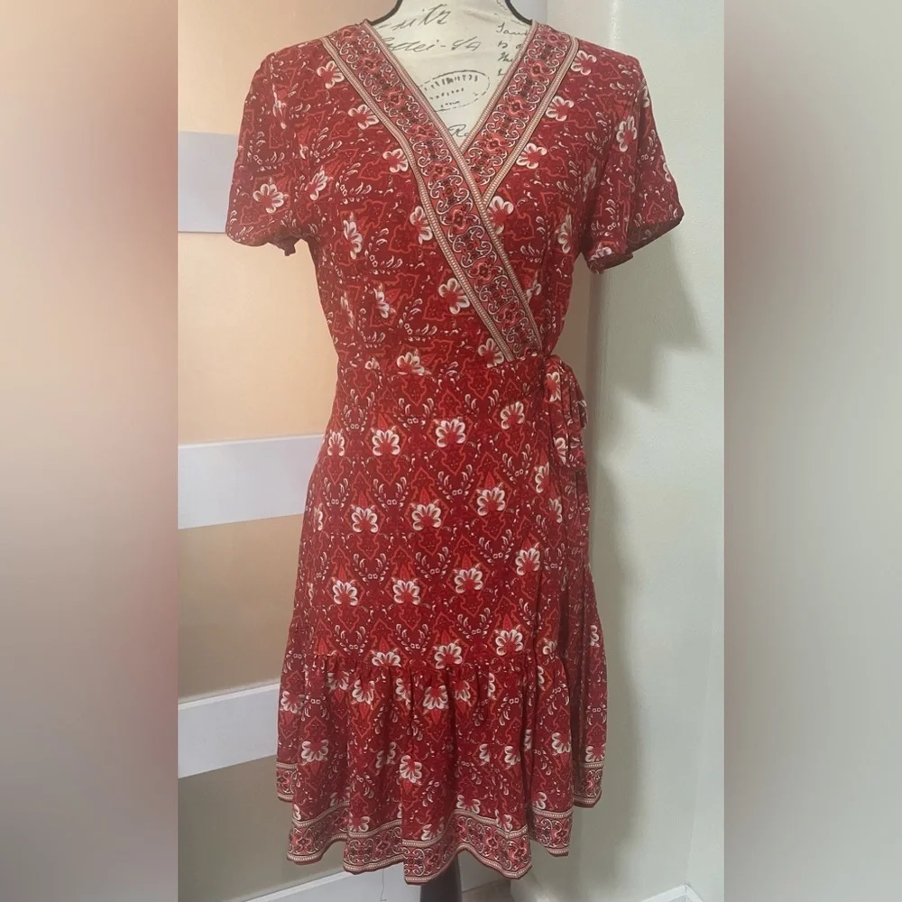 Red Floral Wrap Mini Dress - Women's V-Neck Short Sleeve - Picture 4 of 11
